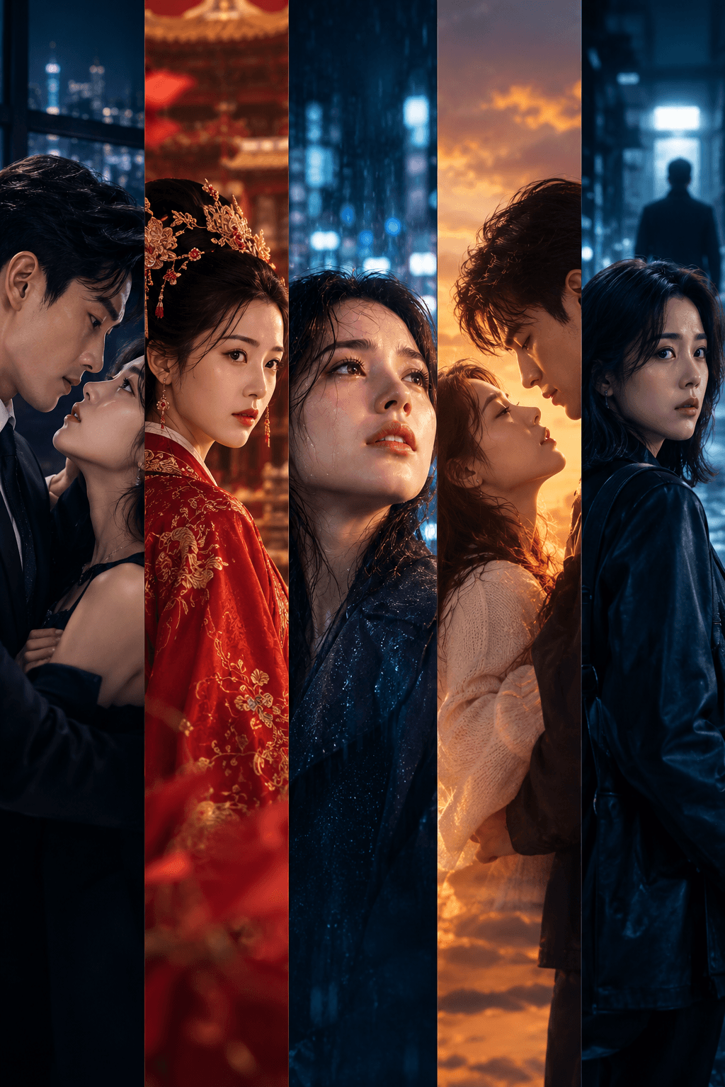 Go Drama poster — five vertical AI drama strips: modern romance, palace empress, rainy-night confession, sunset embrace and neon-noir thriller